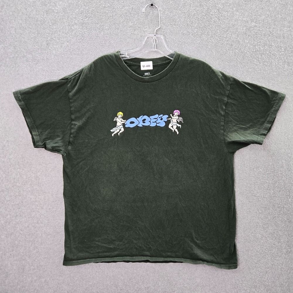 Obey Men Shirt XL Green Cupid Angels Tug‎ A War Logo Graphic  Crew Neck Tee